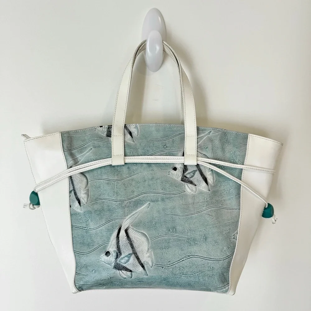 Claudia Firenze Leather Tote Bag Fish Print Turquoise Accent - Picture 7 of 10